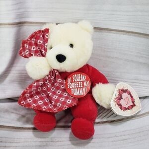 Commonwealth Cream Red Velour Squeaker Teddy Bear With Heart Blanket Plush 6" 98